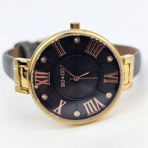 SO & CO Women's Watch‎ 34MM Black Dial Gray Leather Band Straps New Battery